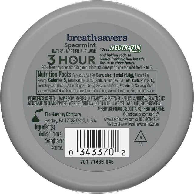Breath Savers Spearmint 1.27 oz individual package, back view
